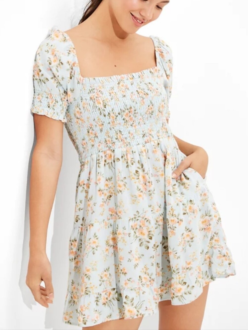 American Eagle Floral Smocked Square-Neck Mini Dress - Linen Blend Size XL Tall